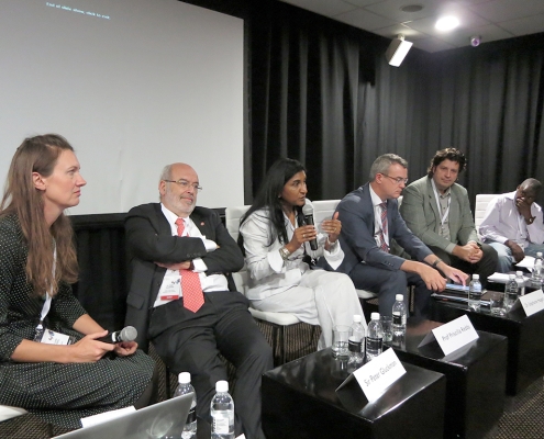 December 2015, Science Forum South Africa: Journalist Linda Nordling (SA) moderating a harm reduction panel on scientists tackling our lifestyle killers (first left); Sir Peter Gluckman, Chief Science Adviser to the Prime Minister of New Zealand, President, International Network for Government Science Advice (INGSA); Prof. Priscilla Reddy (SA), Deputy Executive Director, Population Health, Health Systems & Innovations, Human Sciences Research Council (HSRC); Dr Stéphane Hogan (IRL-FR), European Commission Science Counsellor to the African Union; Prof. Max Bergman (CHF); Chair of Social Research and Methodology at the University of Basel, Switzerland; Prof. Roman Murenzi (RW), Executive Director, World Academy of Sciences (TWAS).