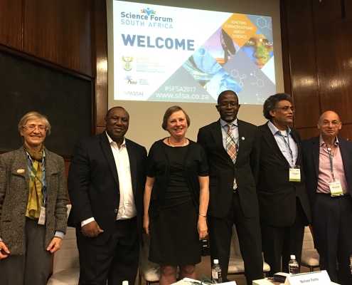 December 2018, Science Forum South Africa: Prof Roseanne Diab (SA), CEO, Academy of Science of South Africa (ASSAf) moderating a panel on drug policy reform in Africa (middle); Prof Anne Cambon-Thomsen (FR), Epidemiologist, University of Toulouse & Champion, Euroscience Open Forum (ESOF) 2018; Dr Solly Ratamaene (SA), Chairperson of the Ministerial Advisory Committee on Mental Health, Former Prof. and HoD Psychiatry Dept Sefako Makgatho Health Sciences University (SMU); Dr Nelson Torto (BW), Executive Director, African Academy of Sciences (AAS); Prof. Mammo Muchie (ETH), Research Professor at the Faculty of Management Sciences, Tshwane University of Technology; Prof. Julian Kinderlerer (SA-UK), Brussels Declaration Co-Chair & President, European Group on Ethics (EGE).